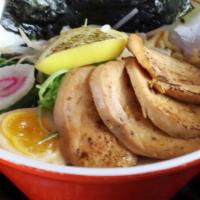 Yuzu Shio Ramen · Thin noodle in the chicken broth, chicken chashu, spinach, scallion, beans sprouts, grilled ...