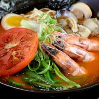 Seafood Ramen · Wany noodle in the seafood pork broth, shrimp, clam, scallop, spinach, scallions, beans spro...