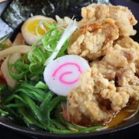 Karaage Ramen · Thin noodle in the chicken broth, fried chicken, spinach, beans sprouts, seasoned egg, fish ...