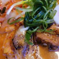 Kimchi Ramen · Wavy noodle in the pork and beef broth, pork chashu, homemade kimchi, scallions, spinach, be...