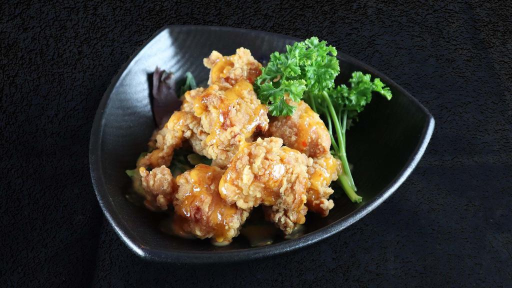 Karaage Fried Chicken (App) · Spicy. Japanese style juicy fried chicken thigh served Thai sauce.