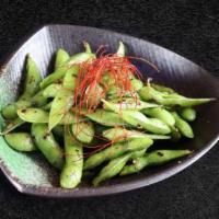 Peperoncino Edamame · Vegetarian. Spicy. Grilled Edamame with spicy garlic, and red pepper.