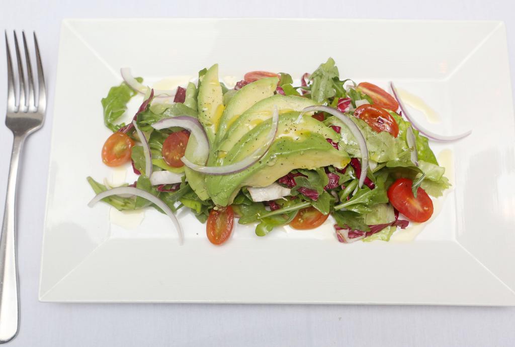 Morso Salad · Radicchio, endive, arugula, cherry tomatoes, red onions, avocado.