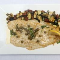 Sogliola · Fresh sole, capers, white wine and butter sauce with zucchini, eggplant and mint fricassee.