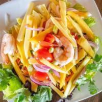 Mango With Shrimp Salad · Spicy. Grilled shrimp with mango, cashew nut, lemongrass, cilantro, red onion, scallion and ...