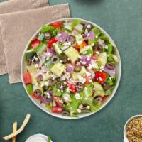 Seek A Greek Salad  · (Vegetarian) Romaine lettuce, cucumbers, tomatoes, red onions, olives, and feta cheese tosse...