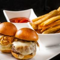 Kobe Beef Sliders · Wisconsin cheddar, caramelized onions, hand-cut fries, ginger ketchup.