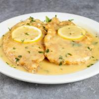 Francese · Battered slices of veal or chicken in a lemon and butter white wine sauce.