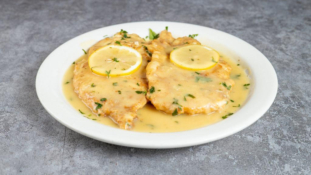 Francese · Battered slices of veal or chicken in a lemon and butter white wine sauce.
