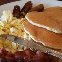 Pancake Platter · Buttermilk pancakes,  served with eggs and choice of meat