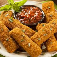 Mozzarella Sticks · Homemade mozzarella sticks with melted cheese.