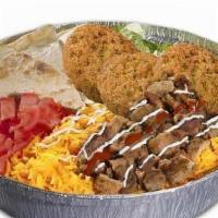 Beef Gyro & Falafel Platter · Platter served with combo of beef gyro & falafel. Small platters are served with one white s...
