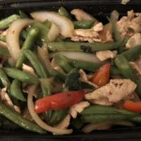 Basil · Onion, string bean, bell pepper, and basil with chili garlic sauce.