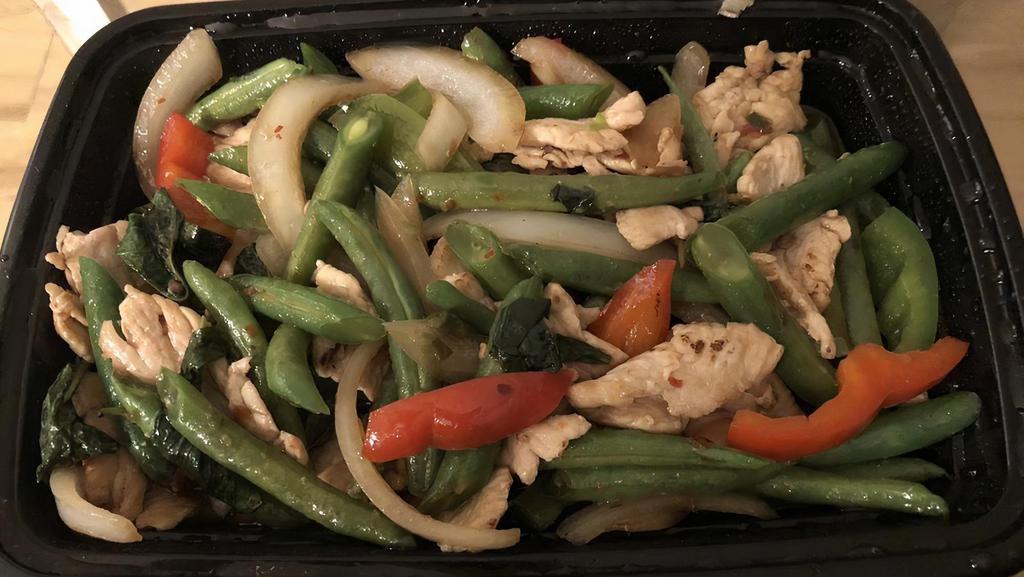 Basil · Onion, string bean, bell pepper, and basil with chili garlic sauce.
