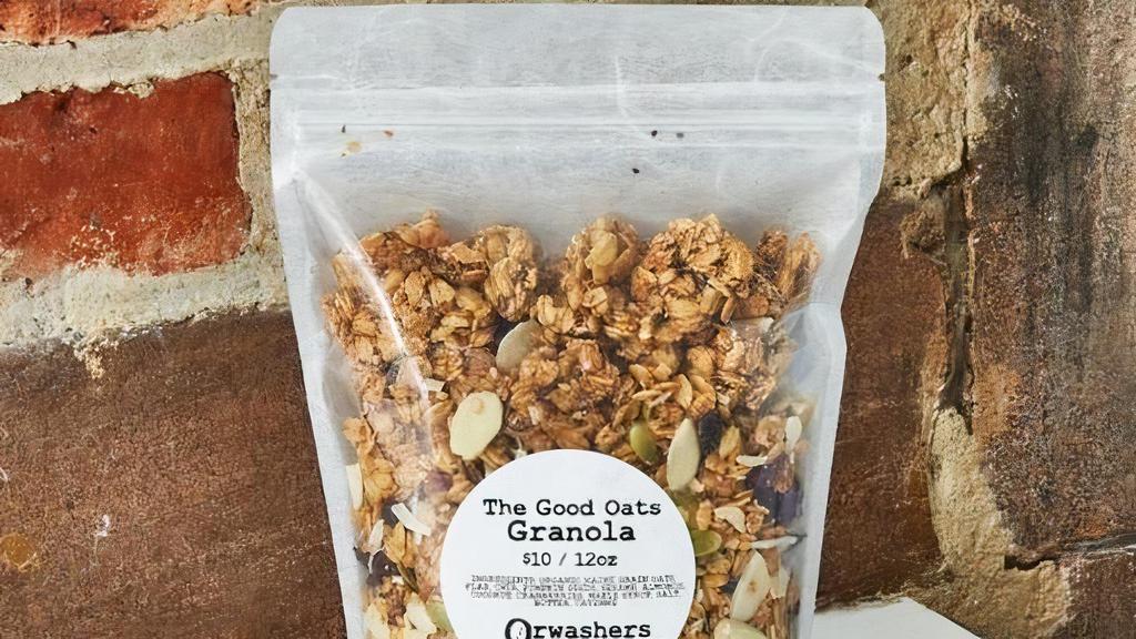 Orwashers Granola - The Good Oats · Crunchy, Salty, and a little sweet. Made with maine grain oats, sweetened coconut, chia seeds, flax seeds, butter, maple syrup, honey, salt, cayenne pepper, sesame seeds, pumpkin seeds, almonds, raisins, craisins