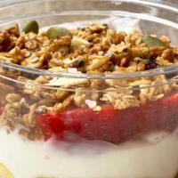 Honey & Strawberries Yogurt Parfait · Greek yogurt with Orwasher granola, honey, and fresh strawberries.