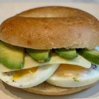 Green Eggs · Avocado, eggs and cheese on a sourdough bagel
