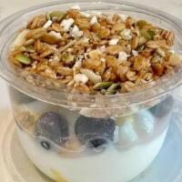 Yogurt Parfait · Greek yogurt with Orwasher granola, lemon curd, and fresh blueberries