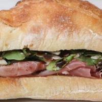 Prosciutto Sandwich · Prosciutto, Parmesan, Baby Arugula, Balsamic Glaze on Demi Baguette