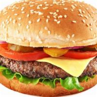 The Cheeseburger · Exquisite cheeseburger with lettuce, tomatoes, onions, beef patty and cheese on top.