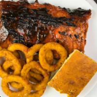Rib Snack · Half rack BBQ pork ribs. Served with fries and biscuit or corn bread.