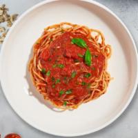 Basil Bliss Tomato Pasta (Spaghetti) · Spaghetti with tomato basil tomato sauce, mushrooms, cherry tomatoes, fresh parsley, and Par...