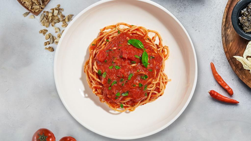 Basil Bliss Tomato Pasta (Spaghetti) · Spaghetti with tomato basil tomato sauce, mushrooms, cherry tomatoes, fresh parsley, and Parmesan.