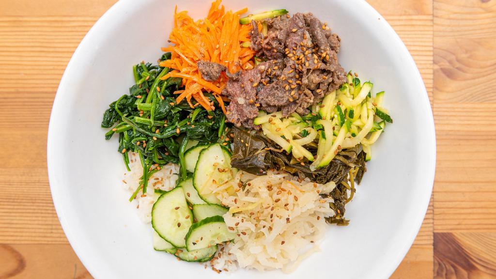 Bulgogi Bibimbop · Bulgogi beef, fresh sauteed veggies (carrot, spinach, radish, zucchini, mushroom, bean sprouts) with gochujang sauce over rice.