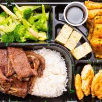 Galbi (With 3 Sides) Box · Grilled beef ribs marinated in soy sauce, sesame oil, ginger, onion, Asian pear.