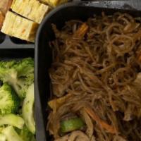 Japchae (With 3 Sides) · Clear potato noodles stir fried with bulgogi beef, carrots, onions, spinach, shitaki mushroo...