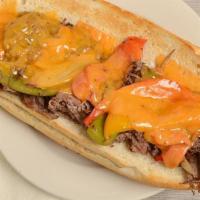 #17 The Philly Cheese · Homemade prime roast beef grilled, bell peppers and onions topped with your choice of Americ...