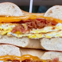 Bacon Egg & Cheese · Choice of Bagels, Two Eggs, Cheddar Cheese & Fresh Bacon
