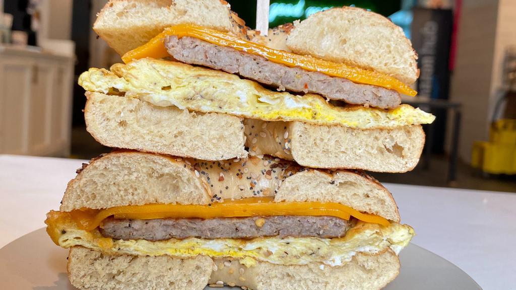 Sausage Egg & Cheese · Choice of Bagels, Sausage, Cheddar Cheese, Two Eggs