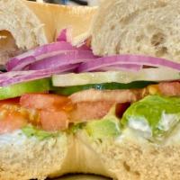 Bagel Sandwich · Choice of Bagels, Fresh Avocado, Cream Cheese, Onions, Tomato, Cucumbers