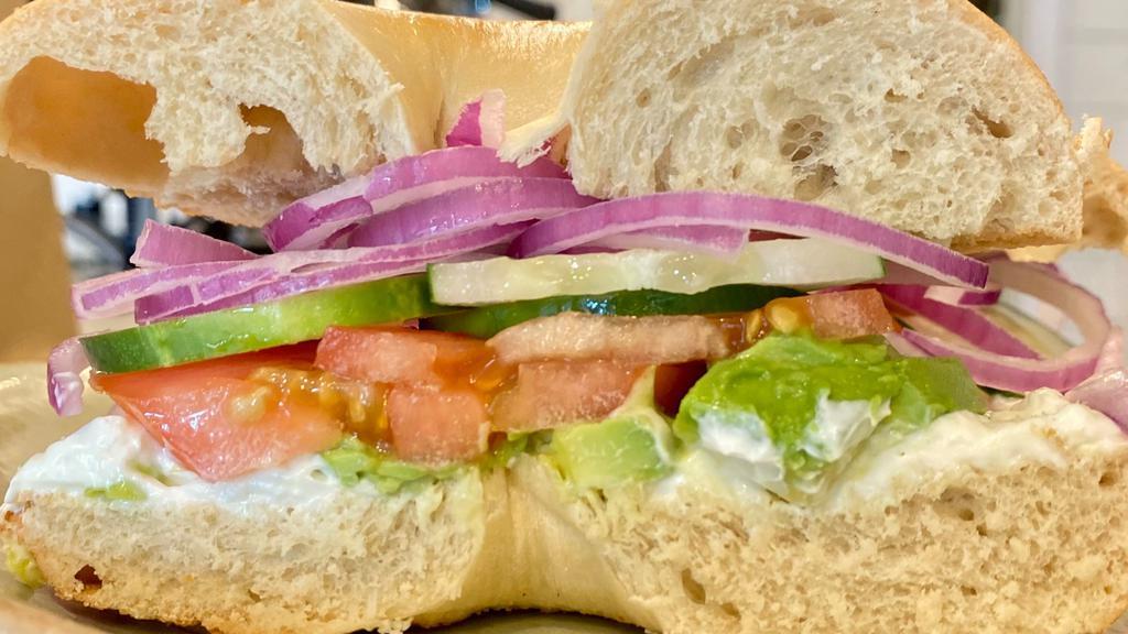 Bagel Sandwich · Choice of Bagels, Fresh Avocado, Cream Cheese, Onions, Tomato, Cucumbers