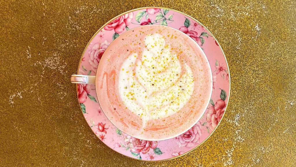 Rose Chai Latte · Rooh Afza, Delicious Chai Concentrate, Steamed or Cold Milk topped with Rose Petals.