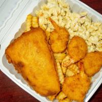 Fish Fry Platter  (Everyday) · 6 oz.  Beer Batter Cod &  4 Breaded Shrimp with 2 Sides and bread