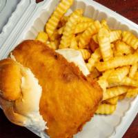 Fish Sandwich  With Fries  (Everyday) · 6 oz. Battered Cod Fried on a Hard Roll with Fries.