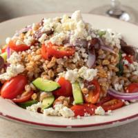 Greek Farro · Greek salad with farro instead of lettuce, cucumbers, tomato, red onion, olives, feta cheese...