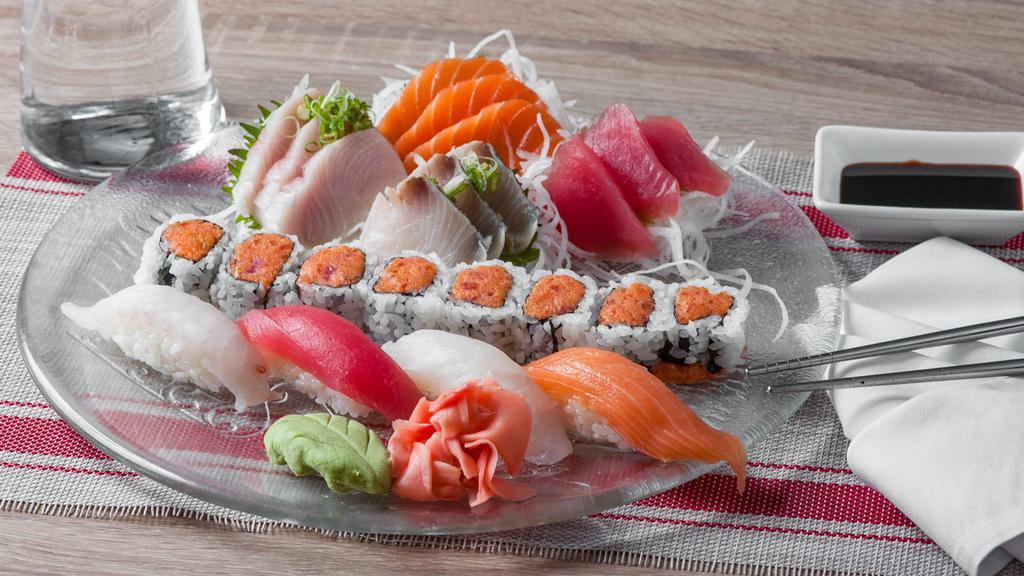 Sushi & Sashimi · Four pieces of sushi, twelve pieces of sashimi, spicy tuna roll