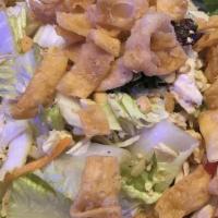 Oriental Chicken Salad · Chinese cabbage, romaine hearts, bell peppers, shredded chicken, peanuts, sesame seeds and w...