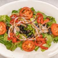 Mancini House Salad · Romaine lettuce, tomatoes, roasted peppers, red onion and olives.