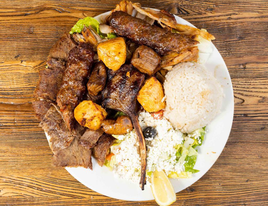 Mixed Grill · Four different kebabs in one dish. An inviting combination of shish kebab, adana kebab, gyro kebab and lamb chops. Served with salad and side.