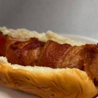 Bacon Wrapped Hot Dog · Bacon-wrapped half beef, and half pork Thumanns deep-fried hot dog.