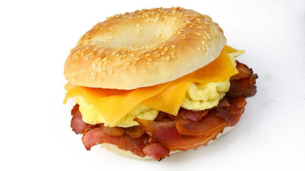 The Bacon, Egg, & Cheese Bagel · Fresh eggs, bacon, and creamy cheese stuffed in between a bagel of your choice.