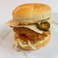 Spicy Chipotle Chicken · HAND BREADED CHICKEN BREAST, PEPPER JACK CHEESE, LEAF LETTUCE. FRESH TOMATO SLICE. JALAPENOS...