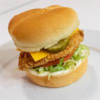 Crispy Chicken · HAND BREADED CHICKEN BREAST, AMERICAN CHEESE, LEAF LETTUCE, FRESH TOMATO SLICE, PICKLES AND ...