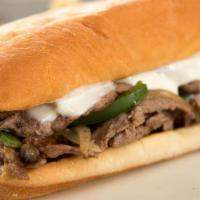 Philly Cheesesteak · BEEF STEAK. GRILLED ONIONS AND BELL PEPPERS, AMERICAN CHEESE AND MAYO IN A HOAGIE ROLL.