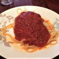 Spaghetti · Spaghetti with our famous marinara sauce and parmesan cheese oven baked (side of Italian bre...