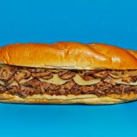 Mushroom Cheesesteak · Sliced steak with melted provolone, grilled onions, and sauteed mushrooms on a hoagie roll.